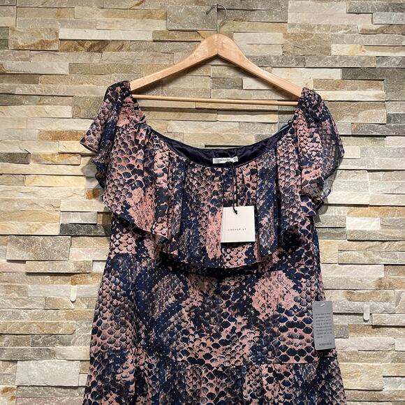 Cooper St 14 Off-Shoulder Midi Dress | Snakeskin Print, Ruffle, NWT $190 - Picture 2 of 12